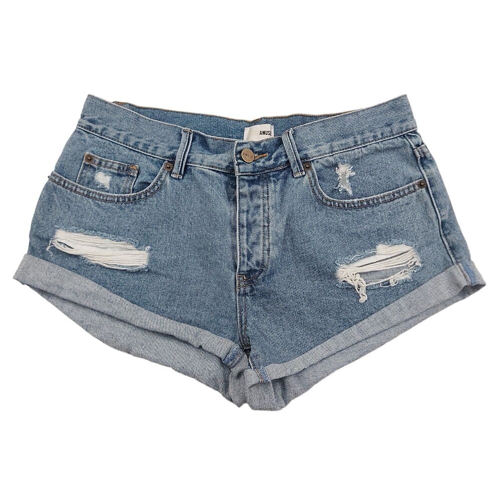 Amuse Society Jean Shorts Womens 28 Blue Cuffed Distressed Button Fly Grunge
